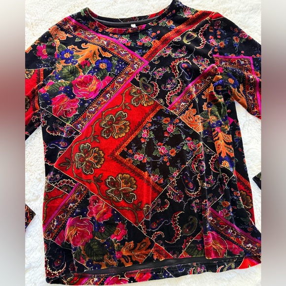 💫Stunning Vintage 90s Y2K Vivid Velvet Floral Paisley Patchwork Long Sleeve Top - Picture 5 of 15